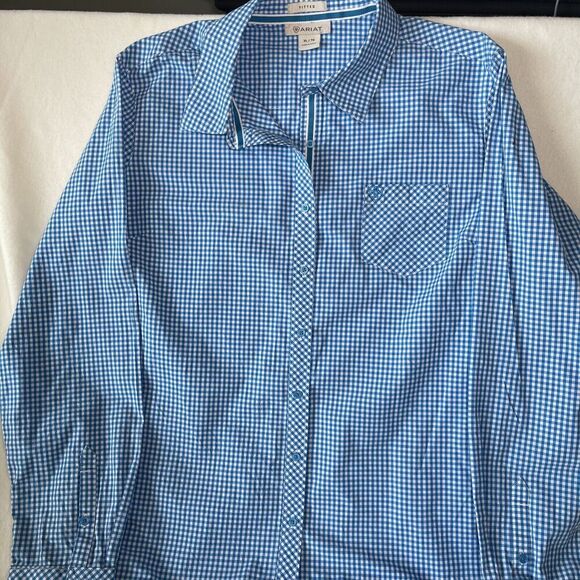 Ariat Women's Size XL Fitted Pink/Blue Plaid LS Western Shirt Embroidered Logos - Picture 2 of 8